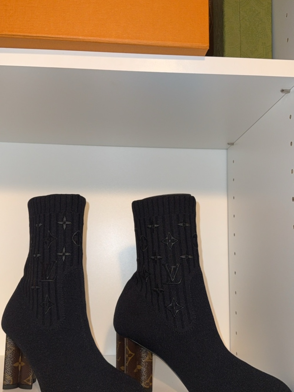 Louis Vuitton Black Knit Sock Ankle Boots with Monogram Heel Accent - Picture 5 of 7